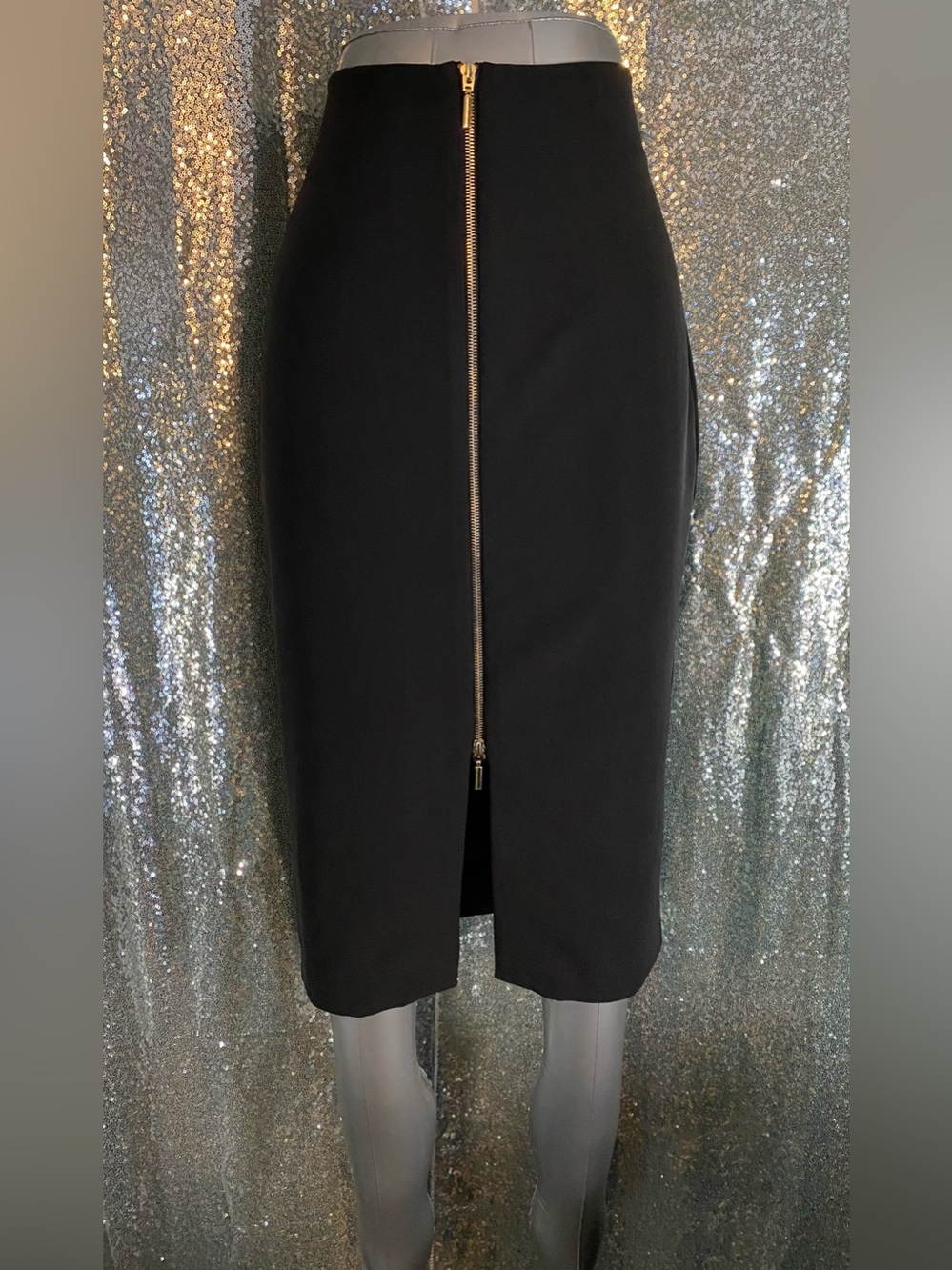 Worthington Black Midi Pencil Skirt 10 | Gold Two-Way Front Zipper